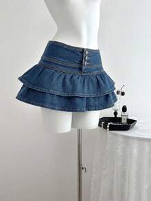 SHEIN PETITE Women's Ruffled Hem Denim Mini Skirt - Medium Wash - View 3