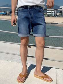 DAZY 男士水洗做旧蓝色卷边固定设计牛仔短裤，夏季 - 藍色 - 查看 3