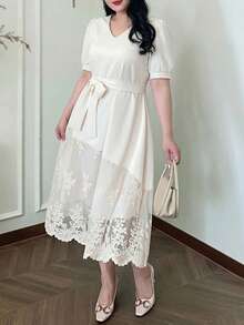 Dazy Plus Plus Size Solid Color Contrast Lace V-Neck Long Sleeve Elegant Dress, Spring/Summer/Autumn Sundress - Apricot - View 4