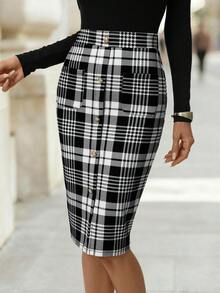 Editum Women's Elegant Commuter Versatile Pleated Black Slim Fit Skirt - Black and White - View 3