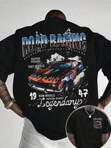 Manfinity Dauomo Summer Street Style Racing Crew Neck Short-Sleeved T-Shirt, Printed T-Shirt, Men's Top - Black - View 1