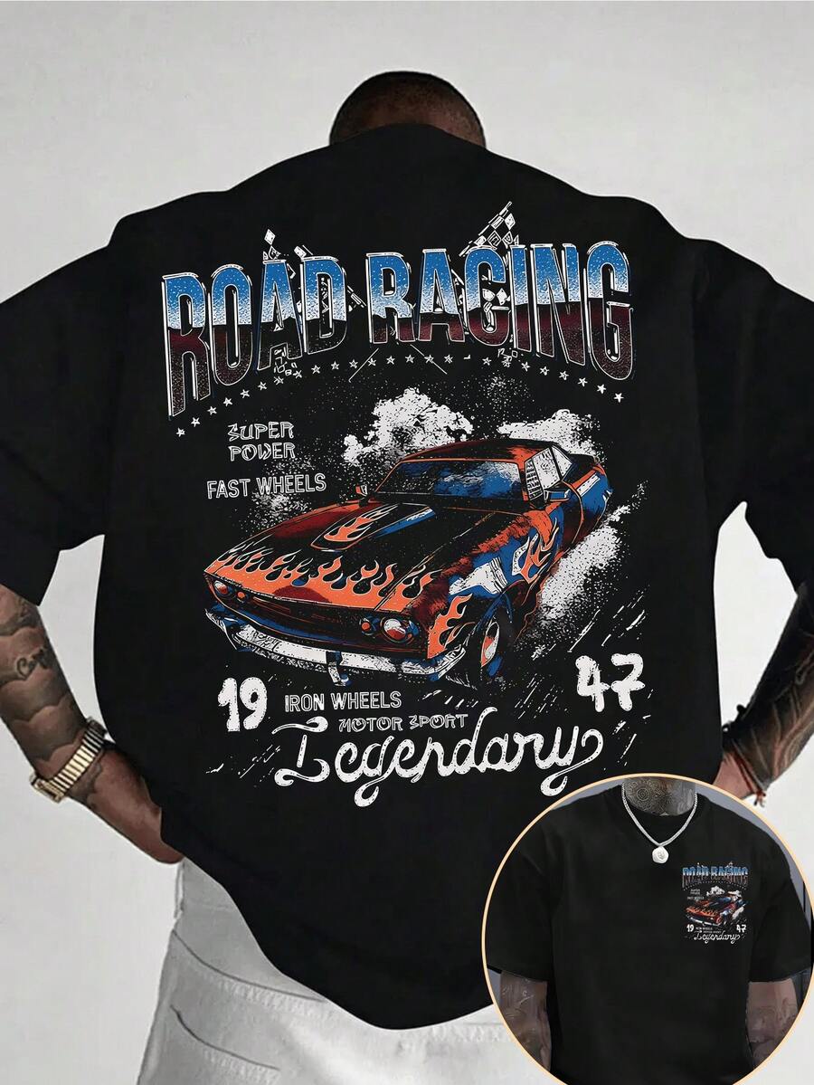 Manfinity Dauomo Summer Street Style Racing Crew Neck Short-Sleeved T-Shirt, Printed T-Shirt, Men's Top - Black - View 1