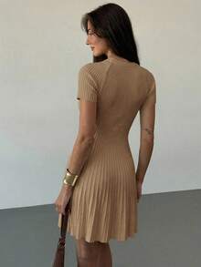 Aloruh Women's Elegant Commuter Minimalist Beige Knit A-Line Dress - Khaki - View 2
