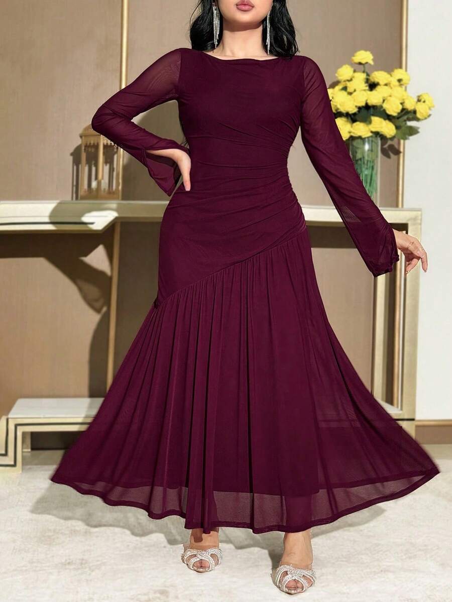 Feyla Plus Size Women Solid Color Round Neck Ruffle Mesh Long Sleeve Elegant Dress - Purple - View 1