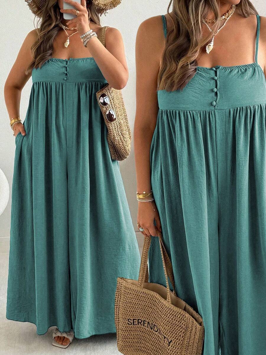 Bộ áo liền quần xếp ly màu trơn dáng rộng dành cho nữ cỡ lớn, kiểu dáng thường ngày, ống rộng. - màu xanh lá - Xem 1