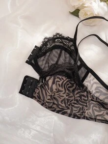Bare Chapter 2pcs Women Leopard Print Lace Patchwork Front Closure Wireless Thin Cup Comfortable Lingerie Set - Multicolor - View 5