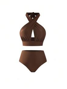 Swim Oasis Bộ đồ bơi bikini cạp cao và áo hở vai dáng chữ thập màu cà phê cỡ lớn dành cho nữ, kết hợp với váy maxi lưới họa tiết, kỳ nghỉ hè ở bãi biển - Màu nâu  Mocha - Xem 3