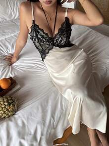 DAZY Lace Patchwork Sleeveless Maxi Slip Dress, Women Summer Nightgown - White - View 9