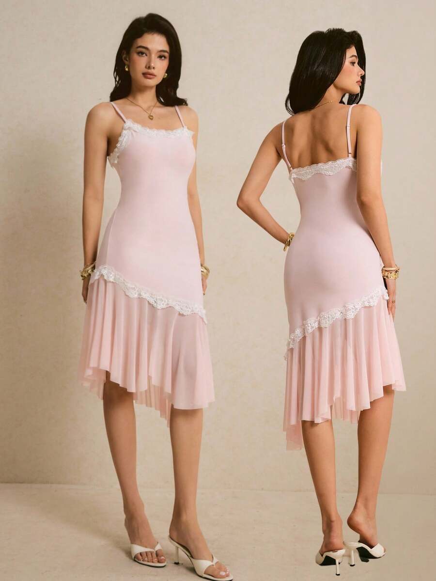 Poéselle 法式优雅粉色蕾丝边吊带连衣裙，浅粉色不对称下摆蕾丝边中长连衣裙，细肩带无袖优雅夏季婚礼宾客早午餐派对女装，法式连衣裙，2026新款，女士夏季连衣裙派对礼服女士特殊场合罩衫连衣裙女装连衣裙女士正装高品质连衣裙女士派对礼服女士精美特殊场合连衣裙女士优雅连衣裙