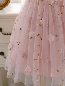 SHEIN Glamorique Kids 年轻女孩优雅迷人粉色可爱泡泡袖收腰奢华双层刺绣网纱蓬蓬裙 - 粉色 - 查看 8