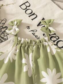 1件女婴夏季绿色碎花吊带蝴蝶结连体衣，荷叶边下摆，宽松休闲可爱婴儿连体裤 - 綠色 - 查看 7
