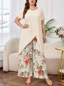 SHEIN Clasi 大尺碼女款優雅米色夏季婚禮賓客套裝，純色裹身上衣與花卉印花長褲兩件套，熱帶度假波西米亞休閒套裝 - 杏色 - 查看 7