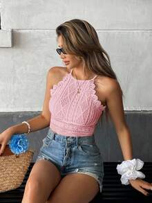 Serisse Women's Geometric Textured Contrast Lace Halter Crop Top,Pink Top - Pink - View 8