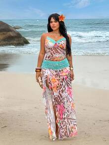 Rustia Bộ 2 món gồm áo hai dây và chân váy ôm sát xẻ tà bằng vải lưới, thích hợp mặc đi biển. - Nhiều màu - Xem 4