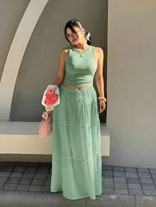 GalTyme Mint Green Round Neck Tank Top And Midi Skirt Casual 2 Pieces Set, Plus Size - Mint Green - View 3