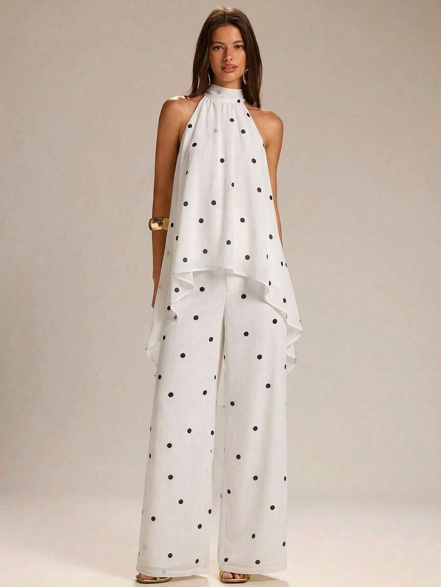 SHEIN BAE 女士休闲褶皱波点吊带上衣和阔腿裤两件套 - 黑與白 - 查看 1