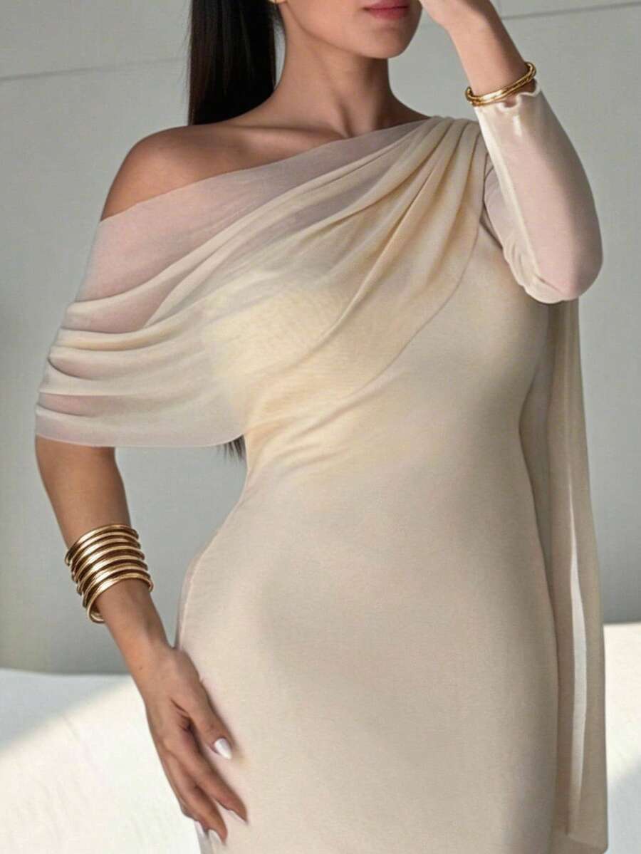 Modelyn Plus Size Women's Solid Color Ruched Asymmetric Shoulder Fitted Elegant Dress
