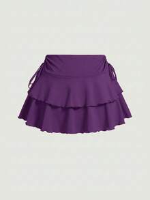 SHEIN PETITE CURVE Drawstring And Fold Detail Solid Color Cake Skirt - Purple - View 4