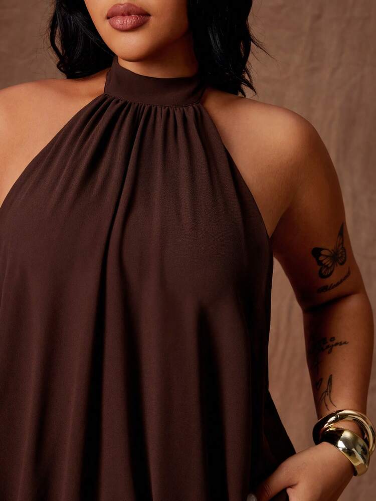 Rustia Vestido Curto Elegante Feminino Marrom Sólido com Decote Halter e Costas Abertas, Vestido Elegante para Mulheres, Vestido de Ano Novo, Vestido de Festa Elegante - Castanho - Visão 7