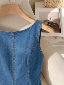 SHEIN MOD 女士圆领褶皱休闲百搭约会外出牛仔上衣 - 中等水洗藍 - 查看 4