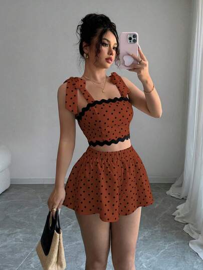 Selianne 夏季新款法式优雅度假风波点印花荷叶边蝴蝶结露脐上衣+松紧腰宽松短裙两件套女装