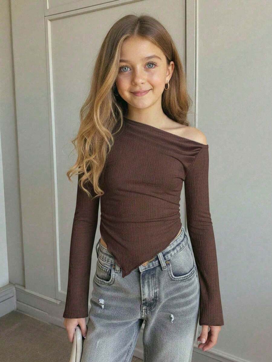 Firerie Kids Firerie Kids Top casual a juego con diseño asimétrico de hombros de punto estampado para niñas preadolescentes - Marrón - Ver 1
