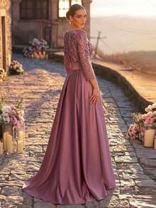 Aureia 优雅奢华的缎面荷叶边连衣裙，饰有串珠蕾丝、蝴蝶结和薄纱袖子，适合婚礼、派对、节日等场合，也适合新娘、母亲和晚礼服穿着（重工刺绣）。 - 藕粉色 - 查看 3