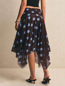 Poéselle Women's Polka Dot Print Asymmetric Hem Skirt - Brown - View 3