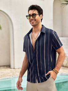 Mercer Haus 男士轻薄商务休闲几何条纹Polo衫，夏季 - 藏蓝色 - 查看 7