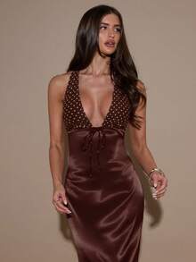 SHEIN BAE 女士波点拼接露背系带优雅收腰连衣裙 - 棕色 - 查看 6