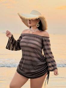 Slaydiva Đầm liền thân dài tay trễ vai ngắn gợi cảm thường ngày dành cho nữ cỡ lớn mùa Xuân/Hè 2026. - màu nâu - Xem 6