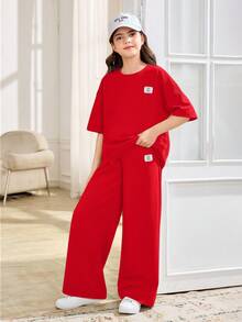 SHEIN 少女休闲宽松舒适圆领短袖T恤和裤子两件套 - 紅色 - 查看 5