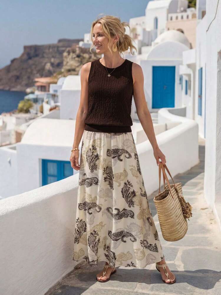 Women's Summer Bohemian Vacation Solid Color Textured Fabric Sleeveless Top And Paisley Print Skirt 2-Piece Set Summer Outfits For Women Casual Sets For Women Two Piece Set Women Summer Two Piece Set 2 Piece Vacation Outfit Two Piece Vacation Set 2-Piece Going Out Sets For Women Two Piece Skirt Set Matching Sets For Women