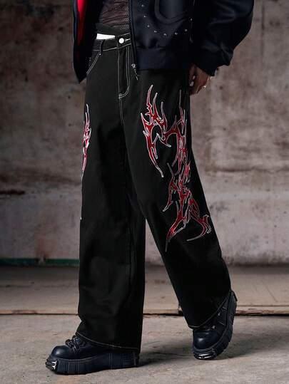 1件装美式街头品牌男士宽松阔腿牛仔裤，刺绣图案，百搭长裤（不含腰带和配饰）