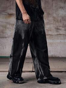 Skyrend 1 件男士美式复古嘻哈牛仔裤，高街个性化水洗阔腿休闲宽松街头风裤子，垃圾摇滚 - 黑色 - 查看 6