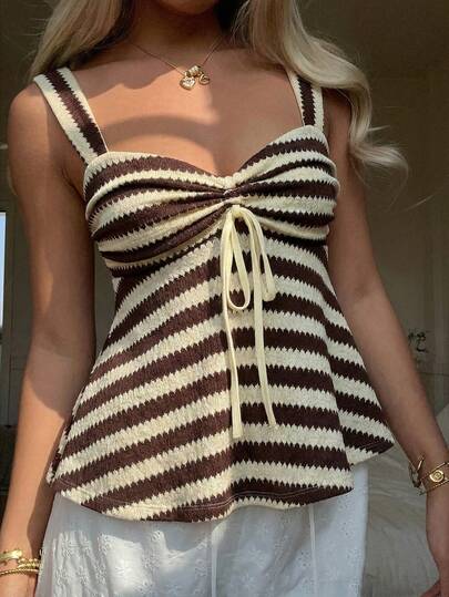 MainGRL Women's Cotton Yellow & Brown Striped Knit Drawstring Front Tank Top - Sexy Cute Coconut Girl & Boho Style, Island Girl Vintage Looks, Perfect For Spring/Summer Outfits, Going Out, Vacation, Music Festivals, Seaside Holidays & Romantic Vacay Vibes