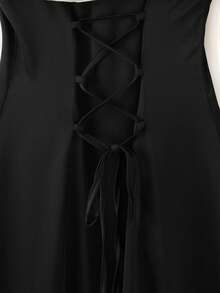 GlowEve CURVE Plus Size Women's Colorblock Asymmetric Neck Drawstring Design Elegant Dress - Black and White - View 5