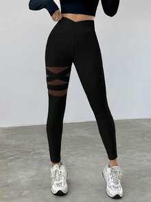 SHEIN EZwear Mesh Contrast High Waist Slim Fit Leggings - Black - View 7