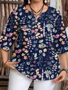 EMERY ROSE Navy Blue Watercolor Print Casual Minimalist Style Shirt For Women, Suitable For Spring And Summer,Summer Top - Multicolor - View 5