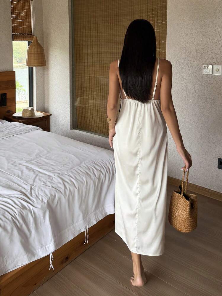 Lace Patchwork Sleeveless Maxi Slip Dress, Women Summer Nightgown