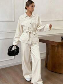 DAZY 秋冬新款宽松休闲做旧洗水收腰女式牛仔套装 - 棕色 - 查看 5