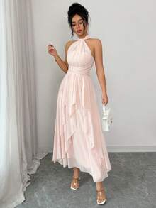 SHEIN Raffinéa 时尚派对礼服，浪漫荷叶边下摆多穿式长裙，粉色 - 淺粉色 - 查看 12