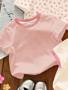 SHEIN Bộ 3 áo thun ngắn tay cổ tròn Happikins dành cho bé gái, kiểu dáng thường ngày và đa năng, với họa tiết hoa bohemian dễ thương, sọc pastel nhẹ nhàng và nơ 3D, phù hợp cho mùa xuân/hè ở nhà, đi nghỉ mát và đi học. - Nhiều màu - Xem 5