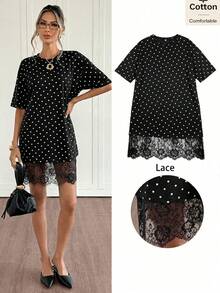 Siren Gaze Đầm thun chấm bi thanh lịch mùa hè cho nữ, đầm mini tay ngắn dáng rộng viền ren, trang phục dự tiệc đi biển, đầm chấm bi đen trắng thanh lịch cho nữ, trang phục mùa hè cho nữ, đầm thường ngày cho nữ, quần áo mùa hè, trang phục mùa hè, đầm phong cách Y2K - màu đen - Xem 5