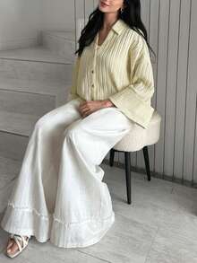 Modelyn Plus Size Women Solid Color Casual Versatile Daily Wear Shirt - Pale Yellow - View 4