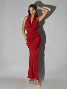 SHEIN ICON 性感深V领镶钻链条装饰露背连衣裙 - Fiery Red - 查看 2