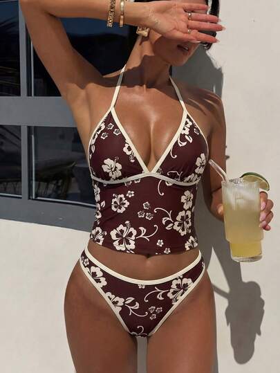 Bonvoyette Bộ bikini cổ yếm in hoa mùa xuân/hè mới, phong cách Hawaii thoải mái cho kỳ nghỉ biển.