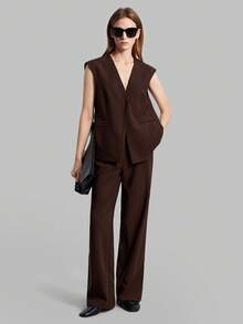 SHEIN X Scot Louie Ontre 2026春夏女士纯色棕色复古套装，包含马甲、西装外套和阔腿裤。时尚都市商务经典套装，适合办公室、学校、婚礼宾客、度假等场合，百搭时尚。 - 摩卡棕 - 查看 3