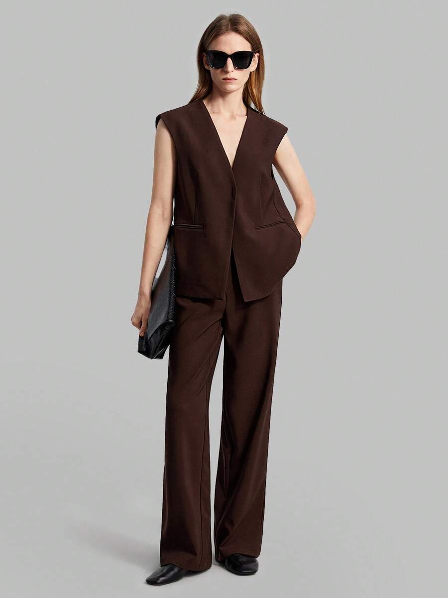 SHEIN X Scot Louie Ontre 2026春夏女士纯色棕色复古套装，包含马甲、西装外套和阔腿裤。时尚都市商务经典套装，适合办公室、学校、婚礼宾客、度假等场合，百搭时尚。