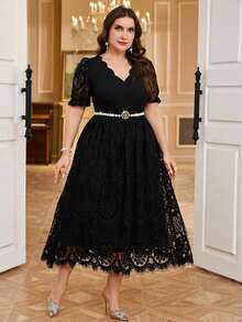Reflora Vestido de fiesta elegante con cuello en V y cintura fruncida para mujer de talla grande - Negro - Ver 6